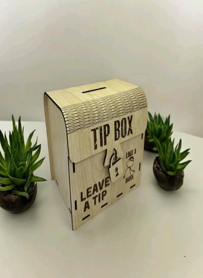 MeeCraft Laser-Cut Wooden Tip Box with Playful Boss Graphic - Encourage Generosity with a Smile (16x11.7x15.3 cm, Beige) - Image 2